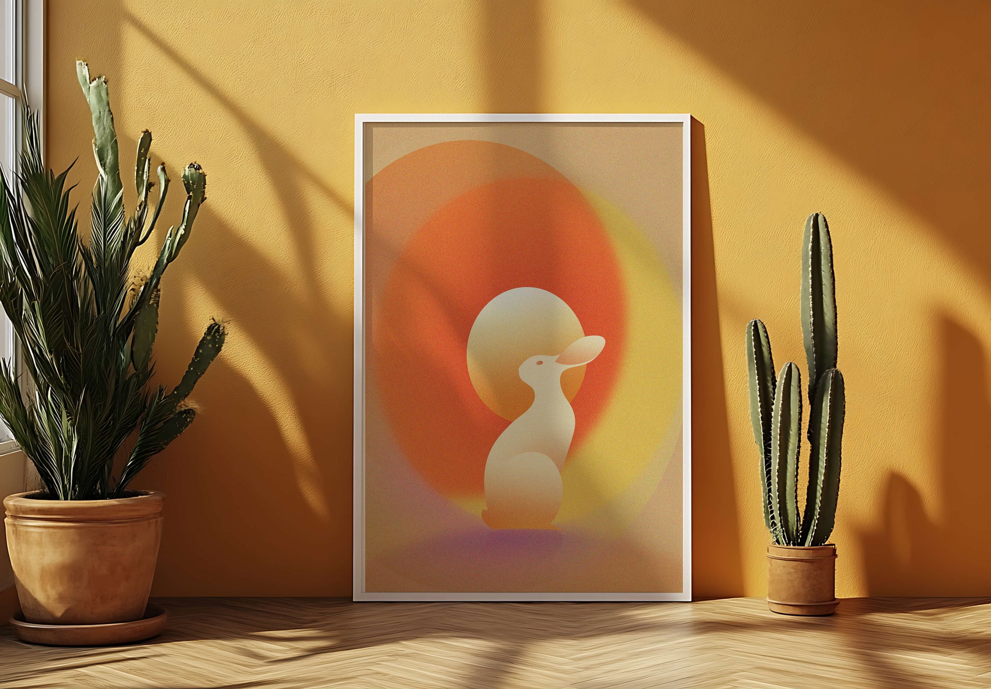 Majestic White Rabbit with Sun and Abstract Circles