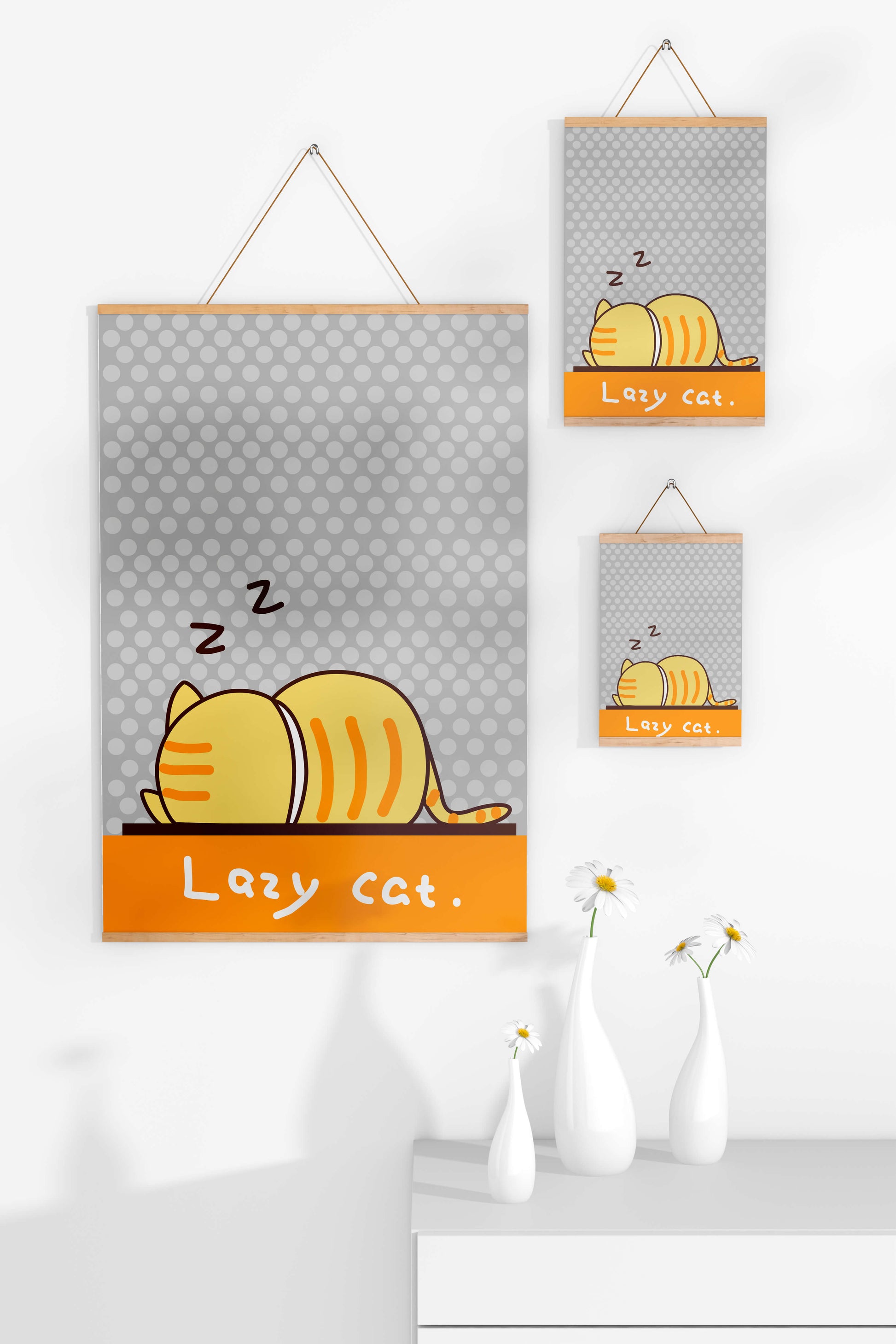 Sleeping cartoon cat with polka dot background
