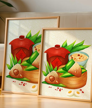 Illustrated traditional Chinese food with zongzi and rice wine