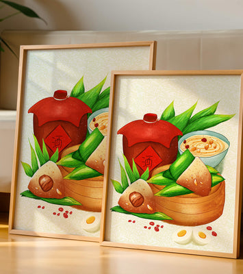 Illustrated traditional Chinese food with zongzi and rice wine