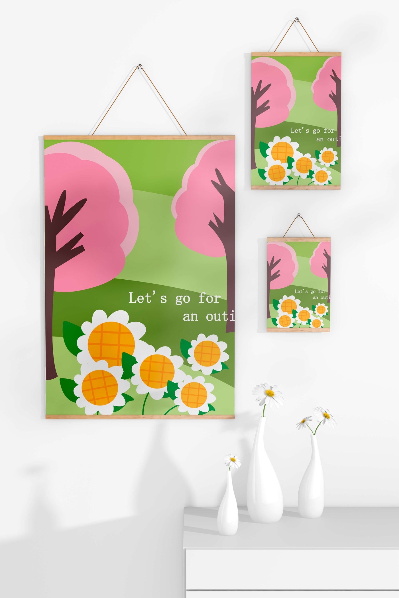 Charming spring landscape with pink trees and daisies