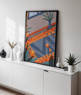 Modern Abstract Interior with Geometric Patterns and Plant
