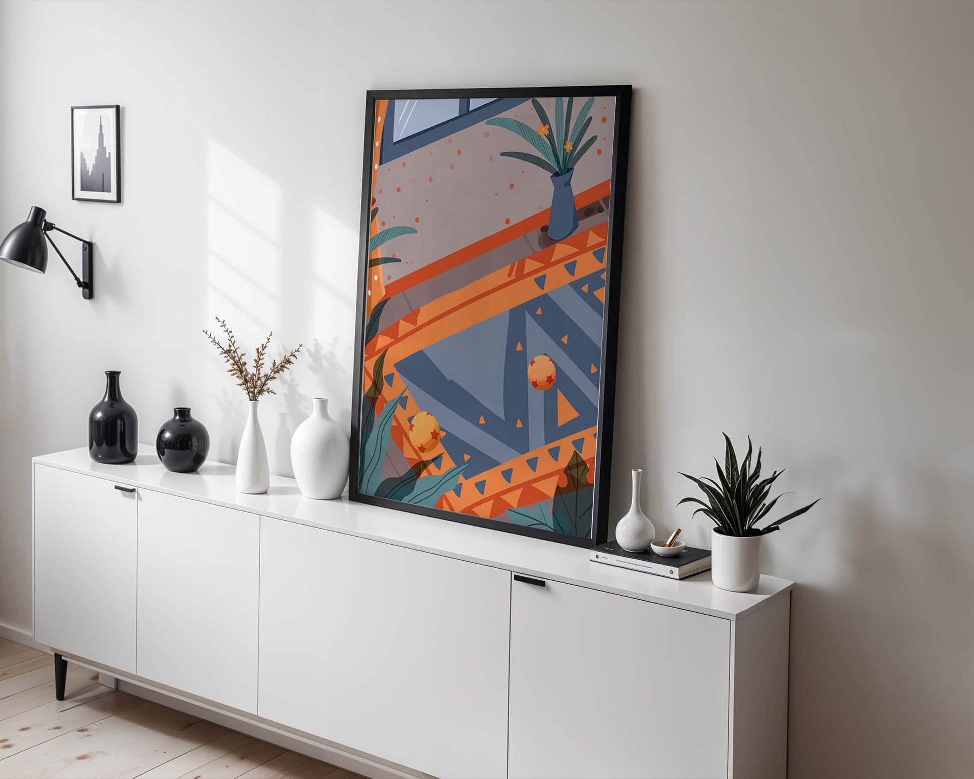 Interior abstracto moderno con patrones geométricos y planta