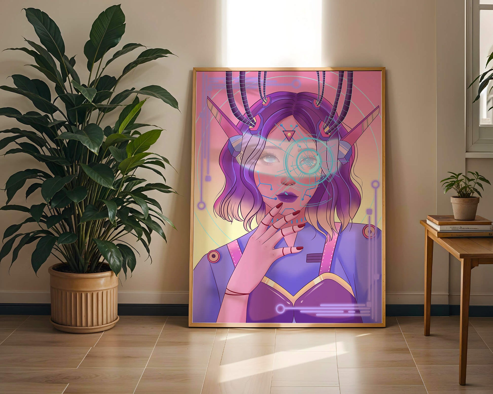 Futuristic digital art featuring a cybernetic woman with a holographic interface