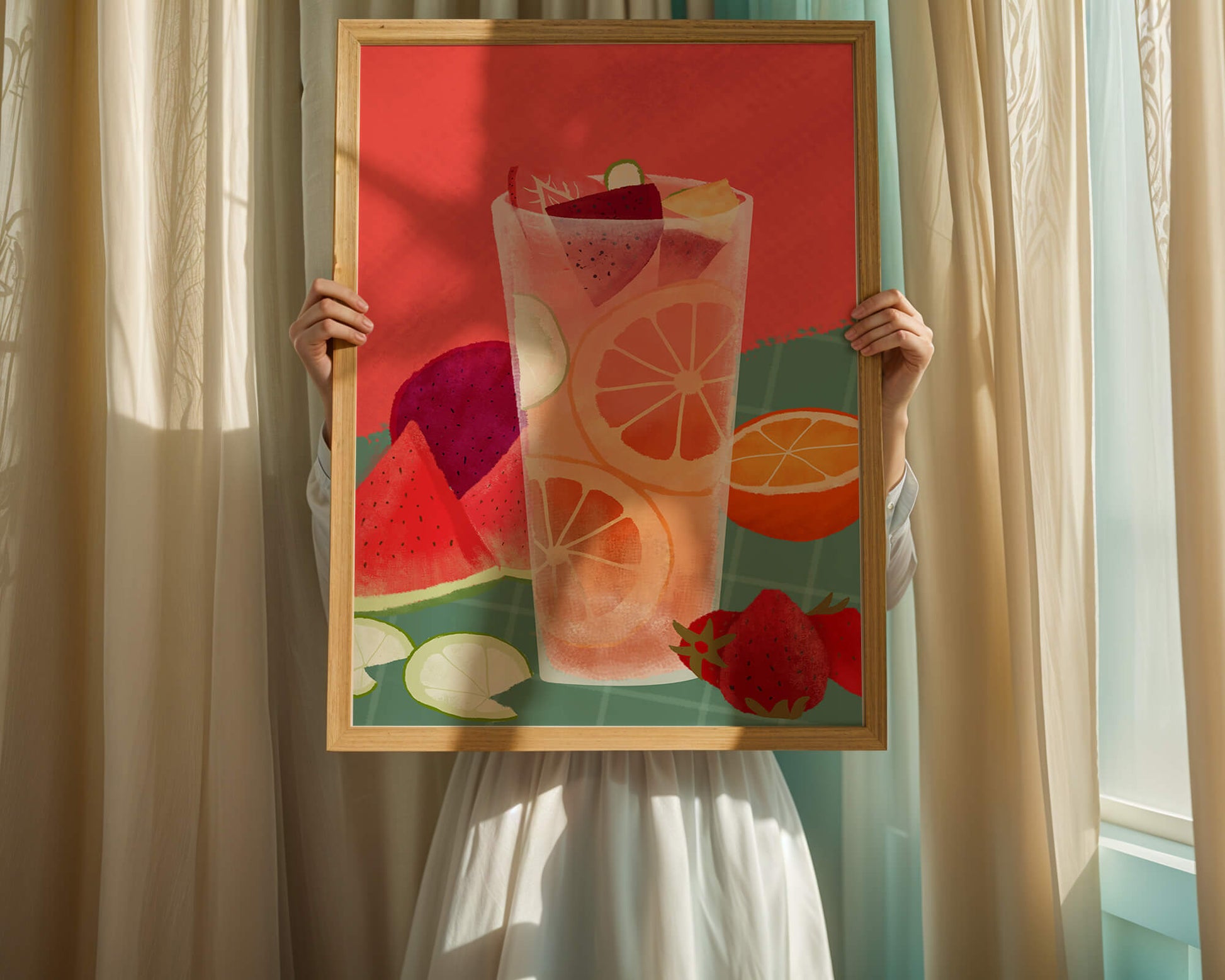 Ilustración de cóctel de frutas refrescante con cítricos y sandía.