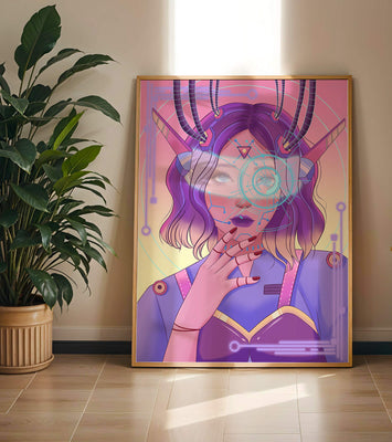 Futuristic digital art featuring a cybernetic woman with a holographic interface