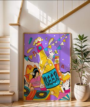 Vibrant Party Scene with DJ and Cartoon Characters
