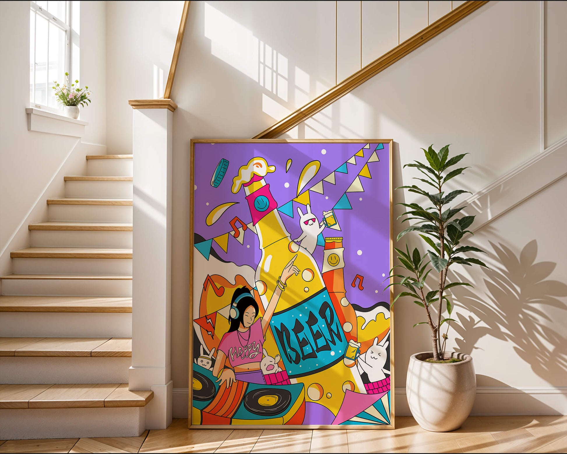 Vibrant Party Scene with DJ and Cartoon Characters