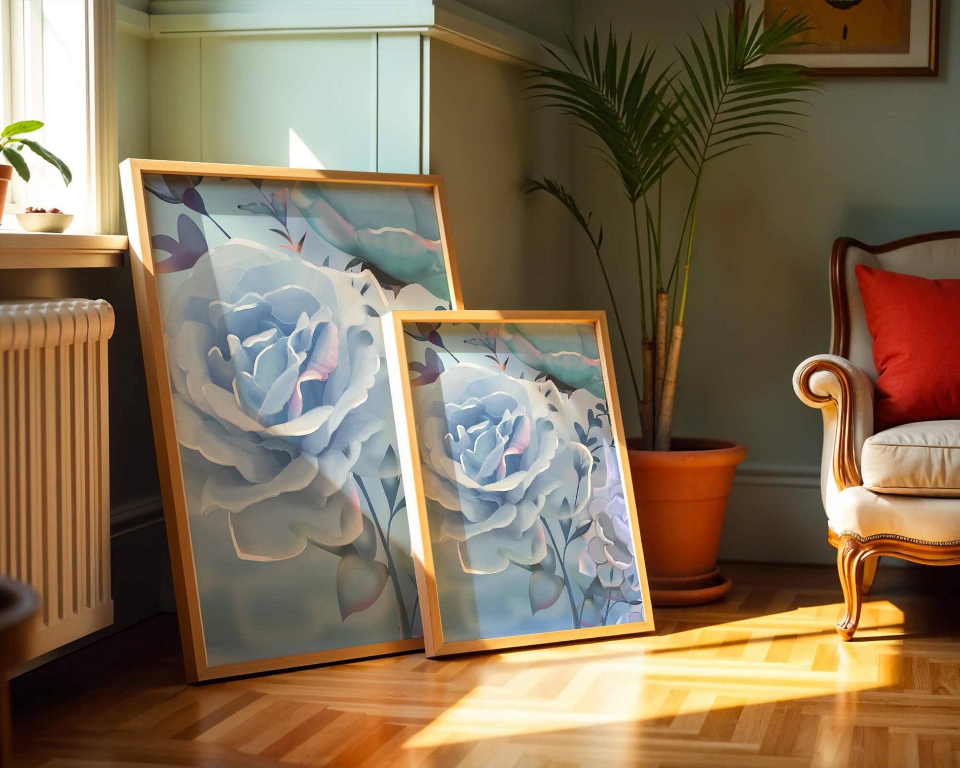 Rosas azules serenas con hojas delicadas sobre fondo suave