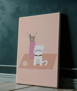 Illustration of a cute white cat with a pink vase and yarn ball on a pastel background