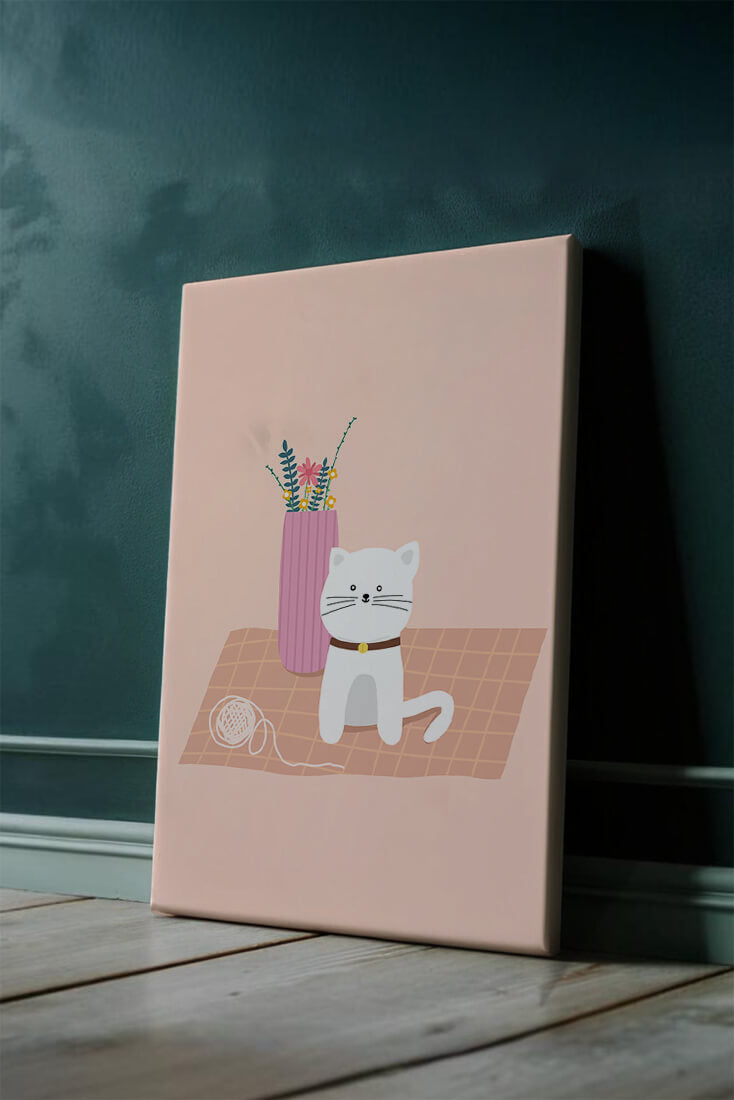 Illustration of a cute white cat with a pink vase and yarn ball on a pastel background