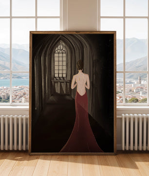 Elegant woman in a red dress inside a gothic hallway