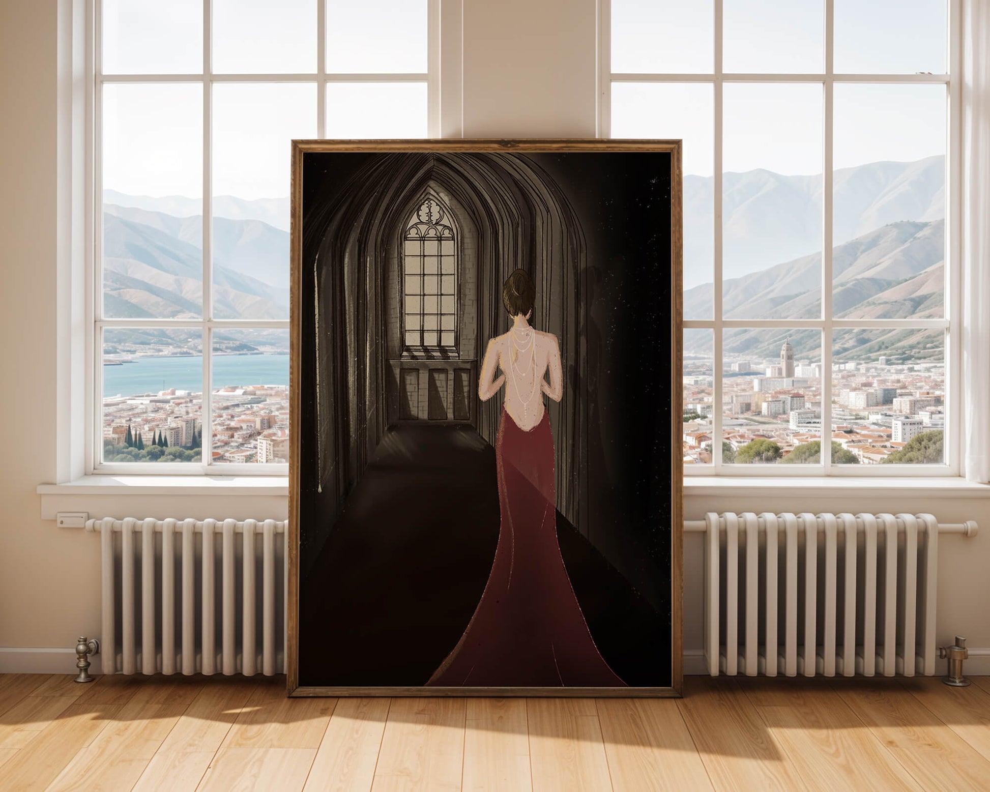 Elegant woman in a red dress inside a gothic hallway