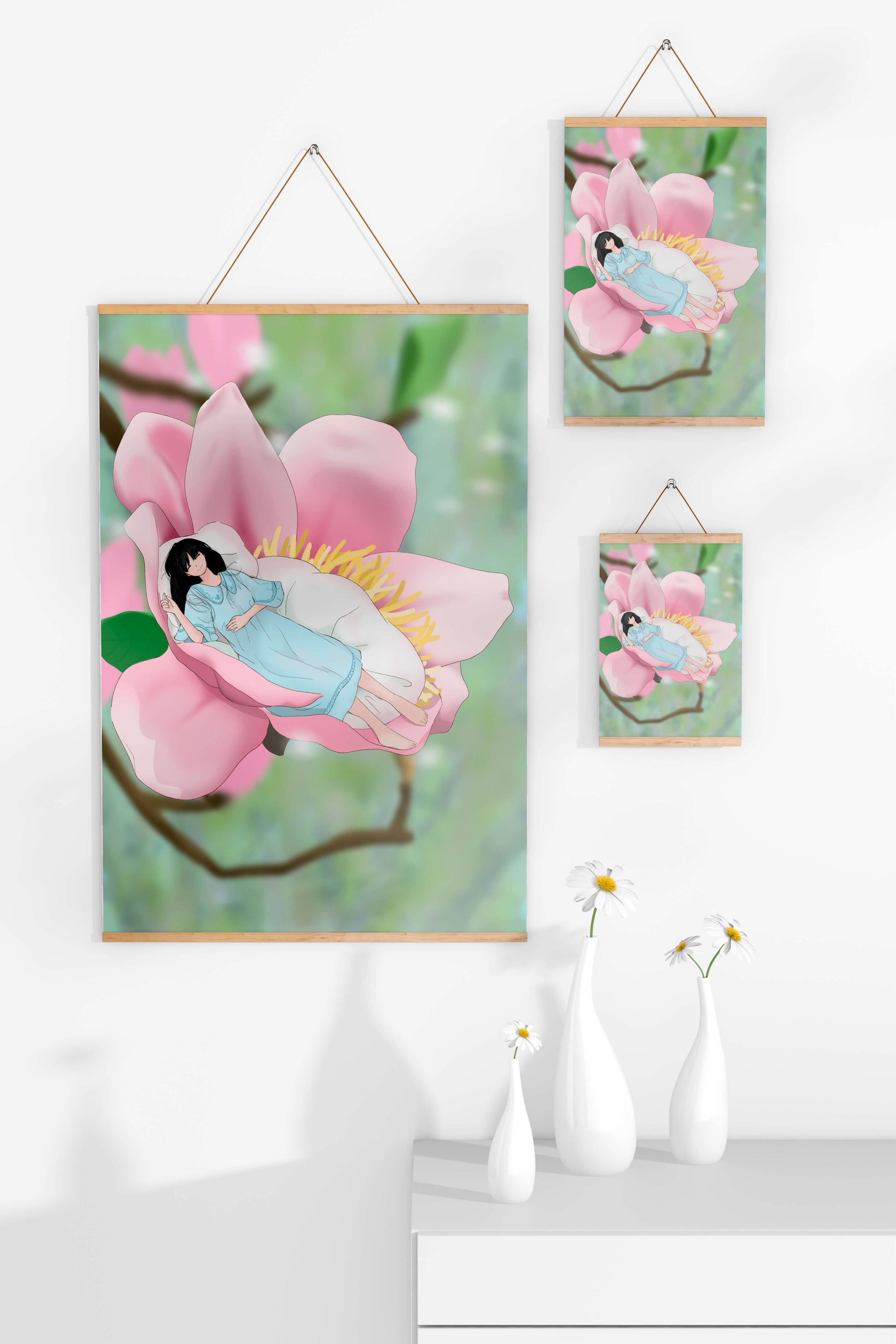 Dreamlike scene of a woman sleeping in a large pink flower