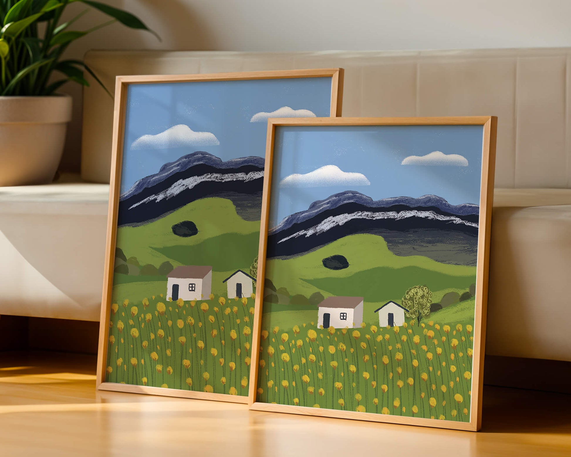 Peaceful Rural Landscape with Houses and Yellow Flowers under Blue Sky