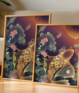 Bunte Koi-Fische mit Lotusblumen und Schmetterlingen bei Sonnenuntergang