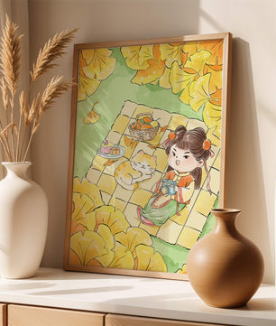 Charming autumn picnic scene with girl and cat surrounded by ginkgo leaves