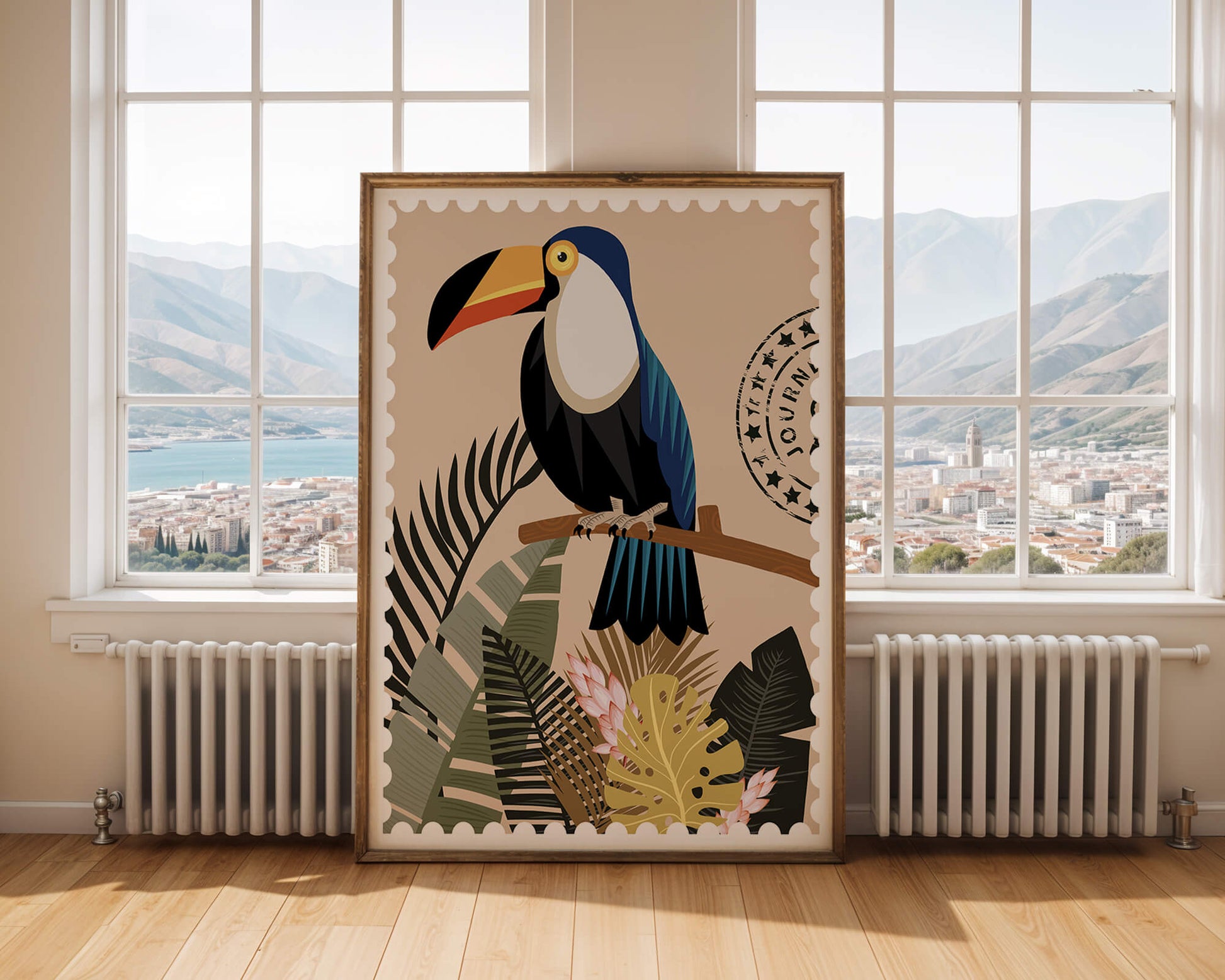 Colorful Toucan Surrounded by Tropical Leaves with Travel Stamp
