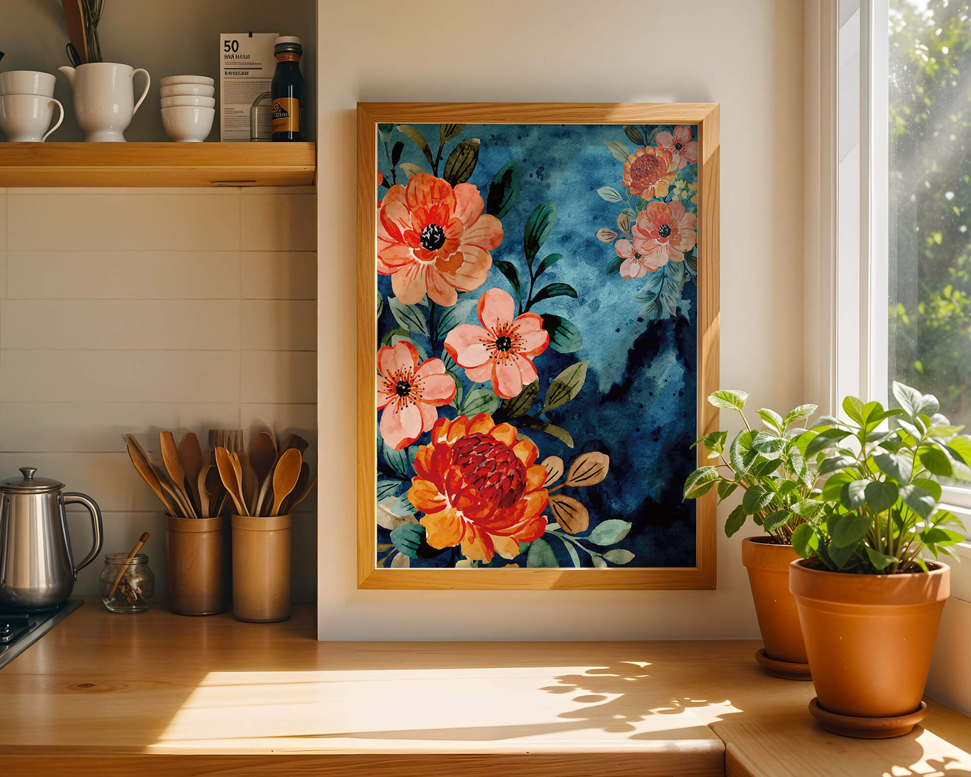 Vibrant floral watercolor design with orange blossoms and blue background
