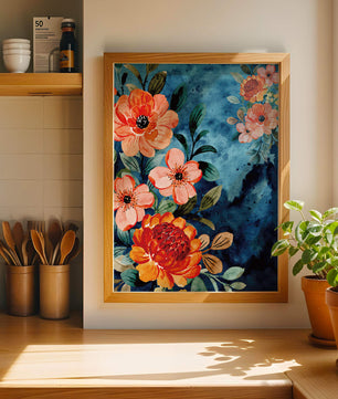 Vibrant floral watercolor design with orange blossoms and blue background