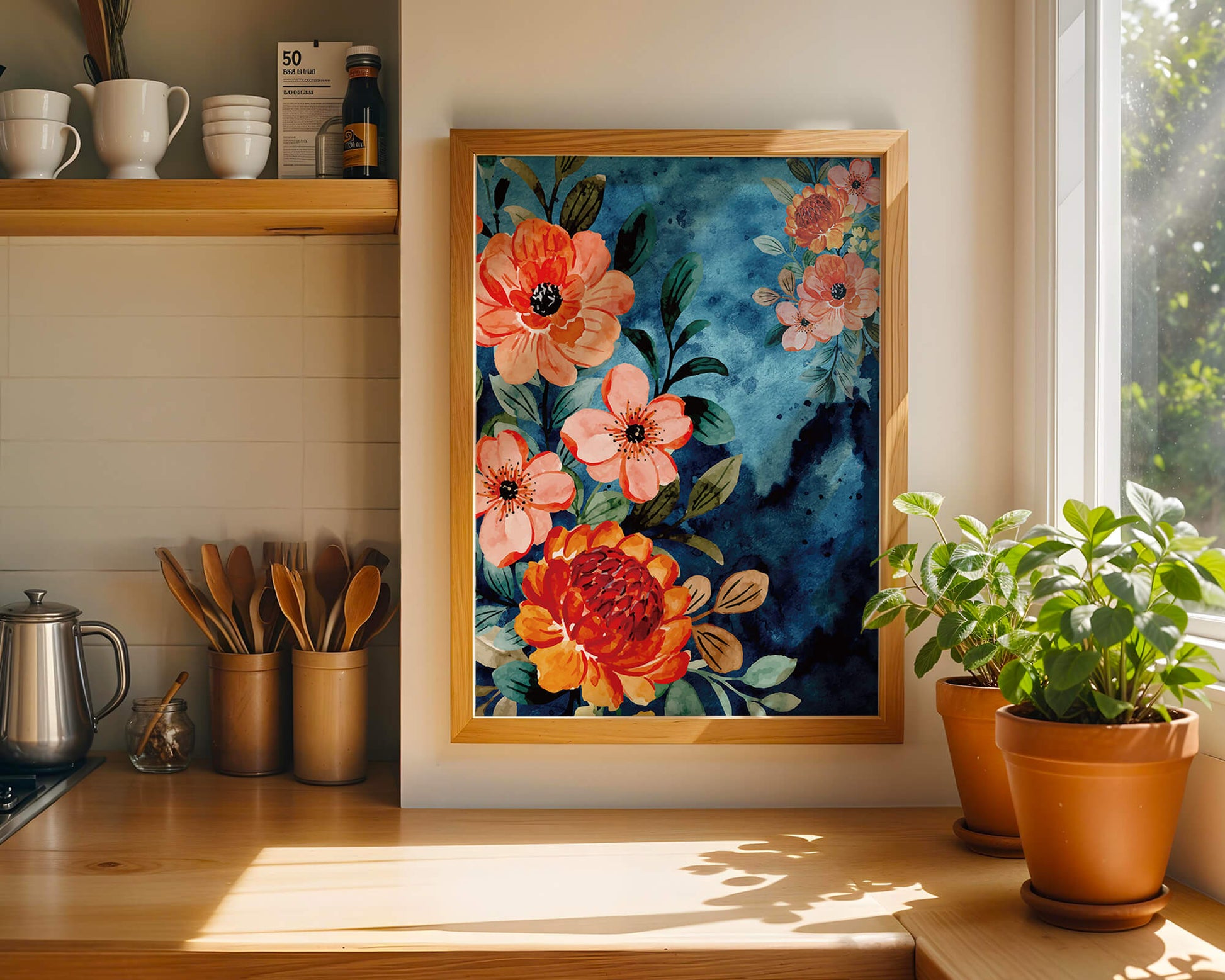 Vibrant floral watercolor design with orange blossoms and blue background
