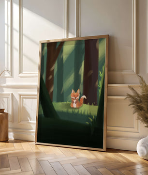 Charmante Illustration eines niedlichen Fuchses in einer ruhigen Waldlandschaft