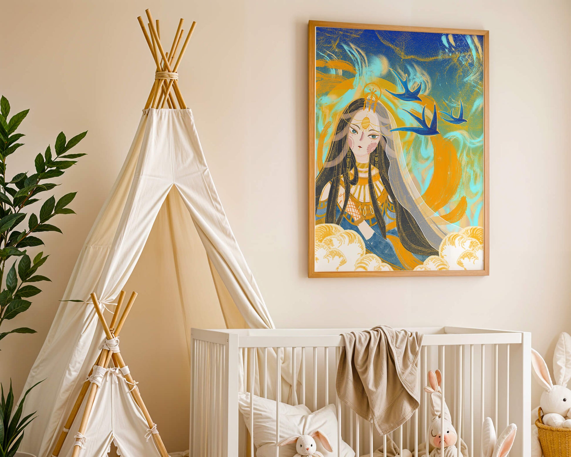 Majestic Goddess with Birds and Golden Elements in Mystical Setting