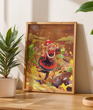 Festive anime character surrounded by gifts and holiday decor