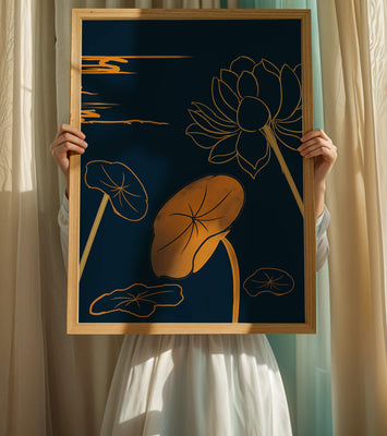Golden Lotus Flowers in Abstract Night Sky