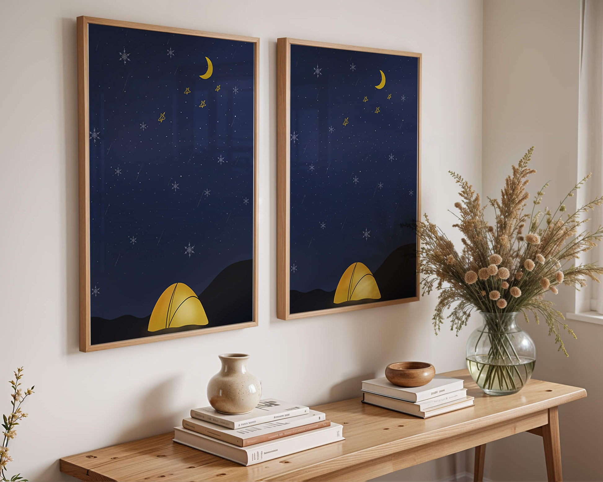 Camping Under Night Sky with Stars and Crescent Moon