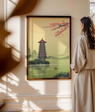 Serene landscape with traditional pagoda and blooming cherry blossoms
