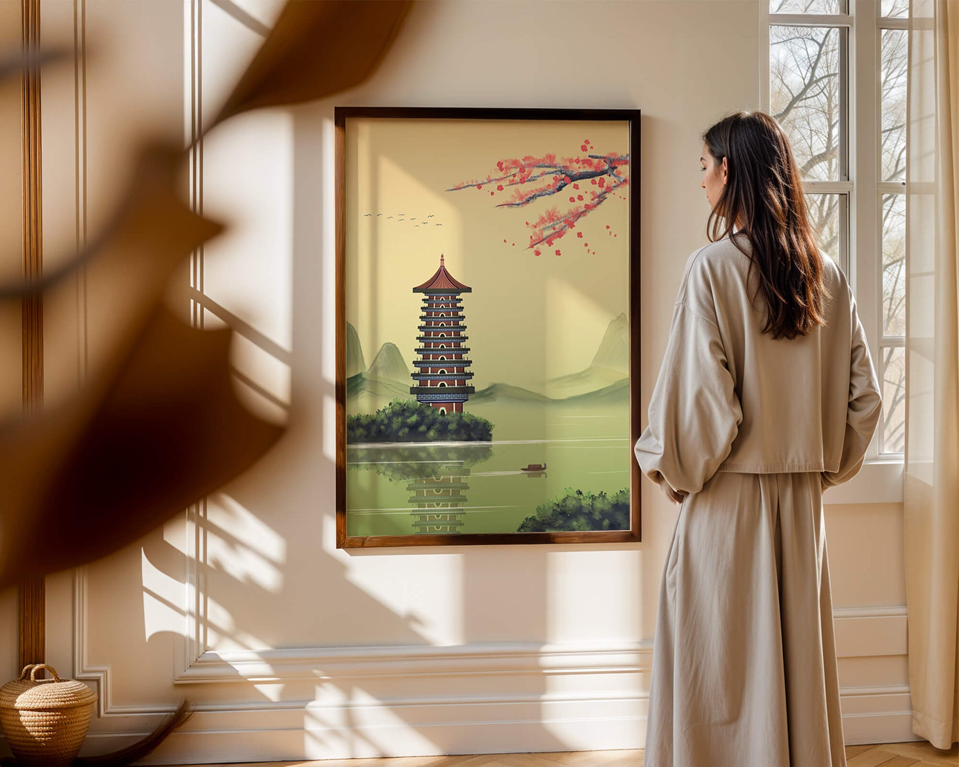Serene landscape with traditional pagoda and blooming cherry blossoms