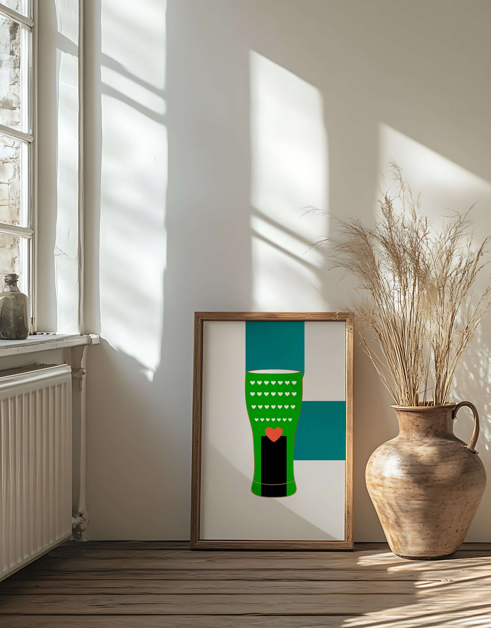 Green vase with heart pattern and minimalistic design