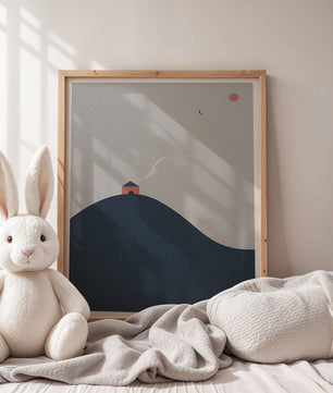Minimalistische Landschaft mit Haus auf einem Hügel und Sonnenuntergang