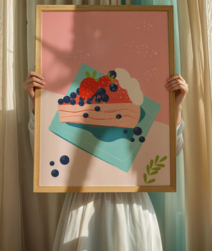 Bunte Dessertillustration mit Erdbeeren und Blaubeeren auf pastellfarbenem Hintergrund