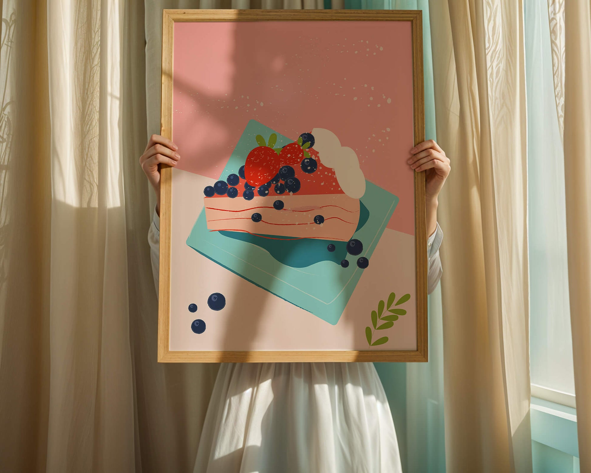 Bunte Dessertillustration mit Erdbeeren und Blaubeeren auf pastellfarbenem Hintergrund