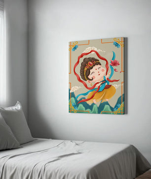 Whimsical illustration of a joyful child deity with lotus and clouds