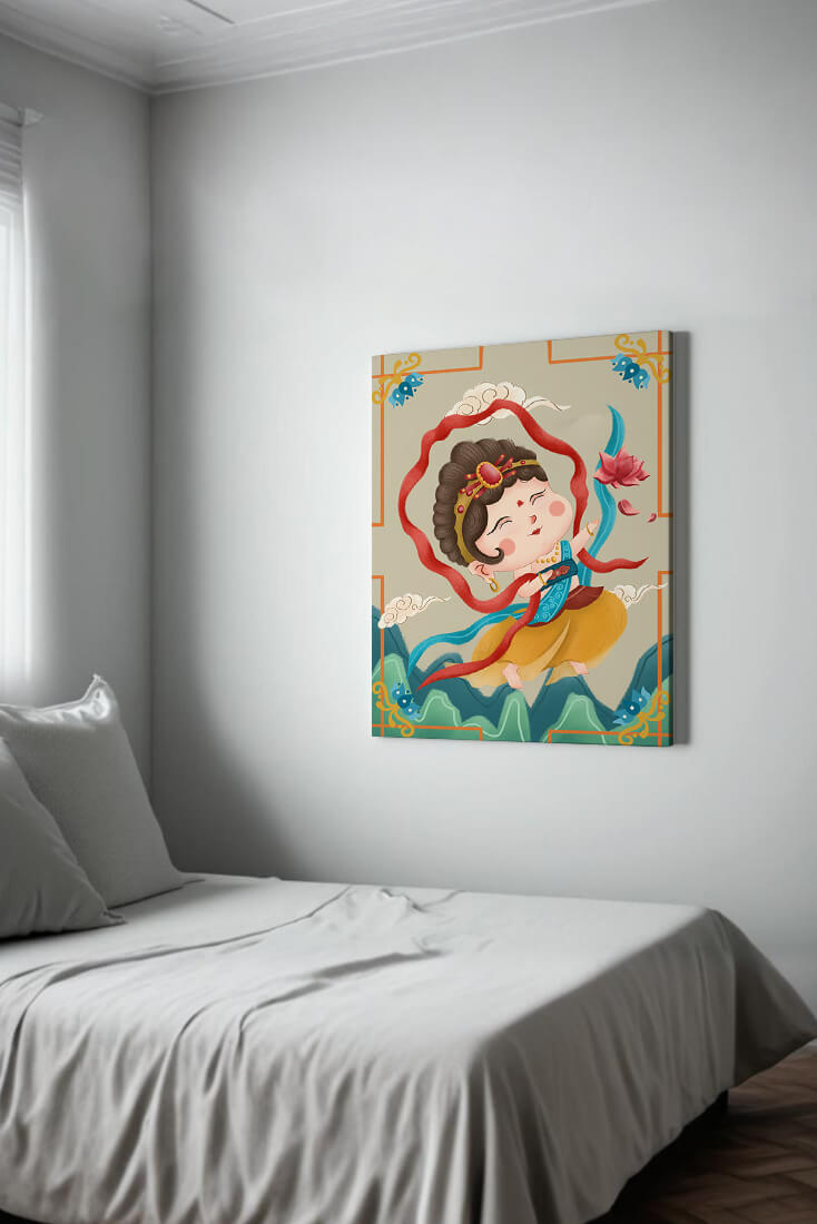 Whimsical illustration of a joyful child deity with lotus and clouds
