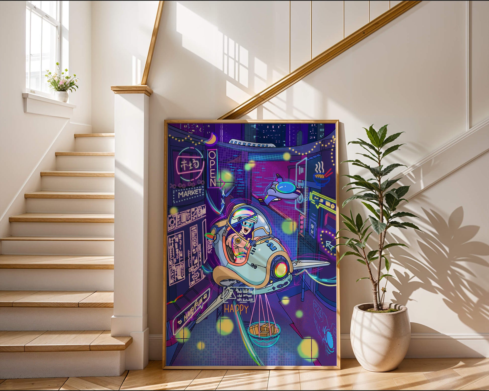 Futuristic cityscape with a flying delivery vehicle and neon signs