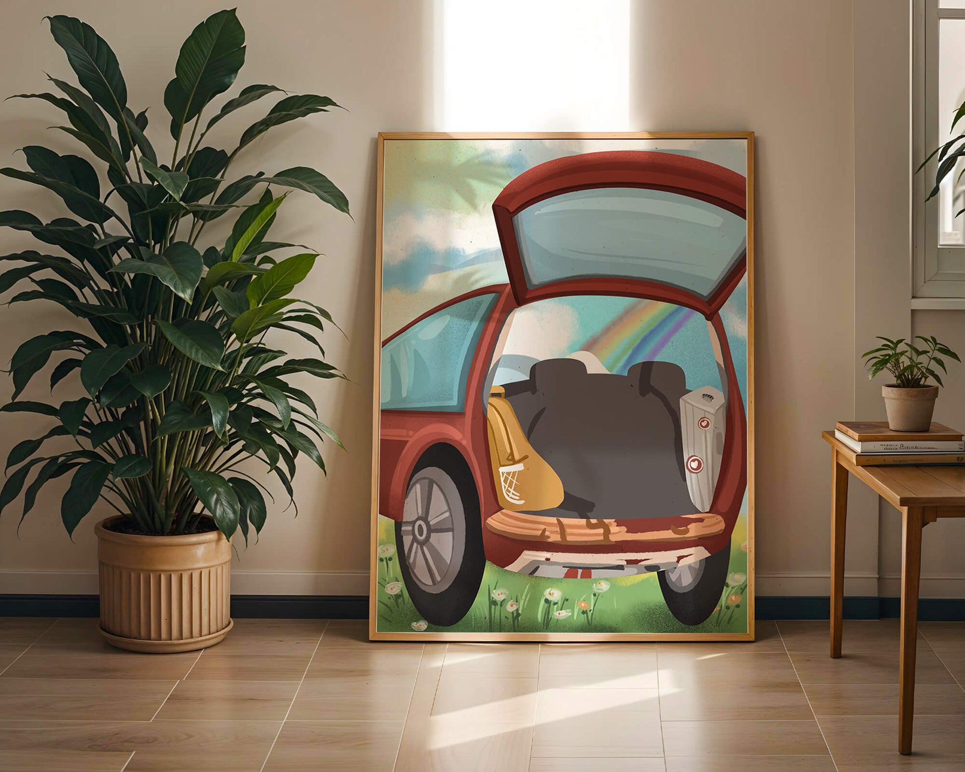 Car Trunk with Picnic Items and Rainbow in Background
