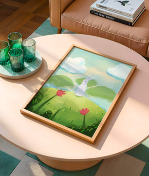 Paisaje caprichoso con conejo y flores coloridas