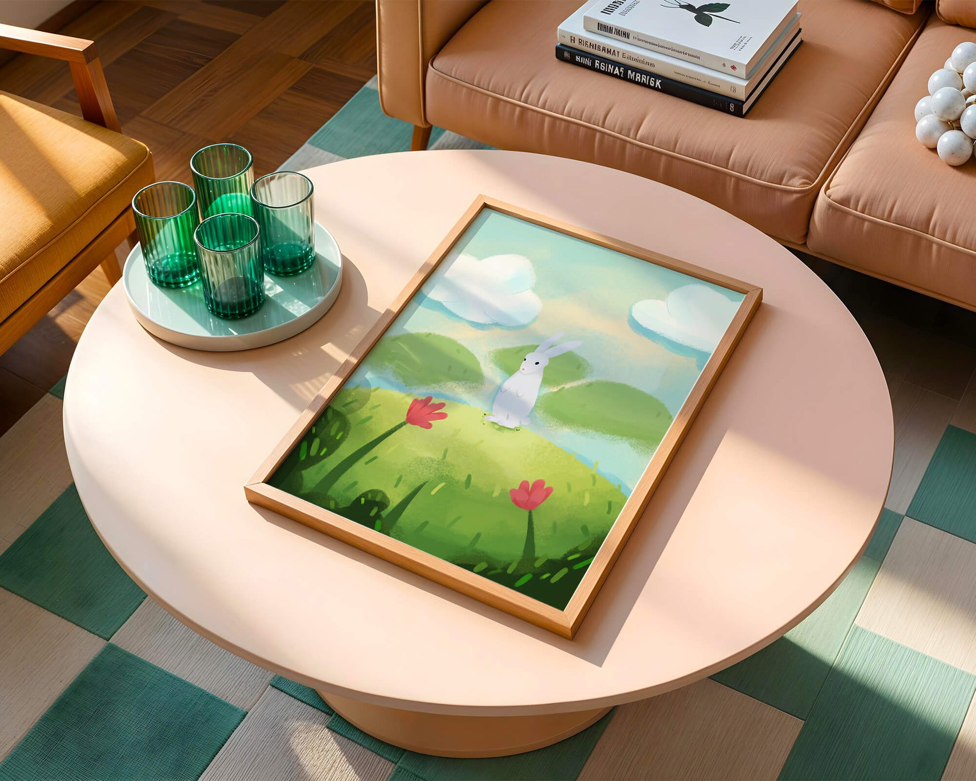 Whimsical landscape with rabbit and colorful flowers