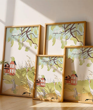 Tranquil rural landscape illustration with house, dog, and crane
