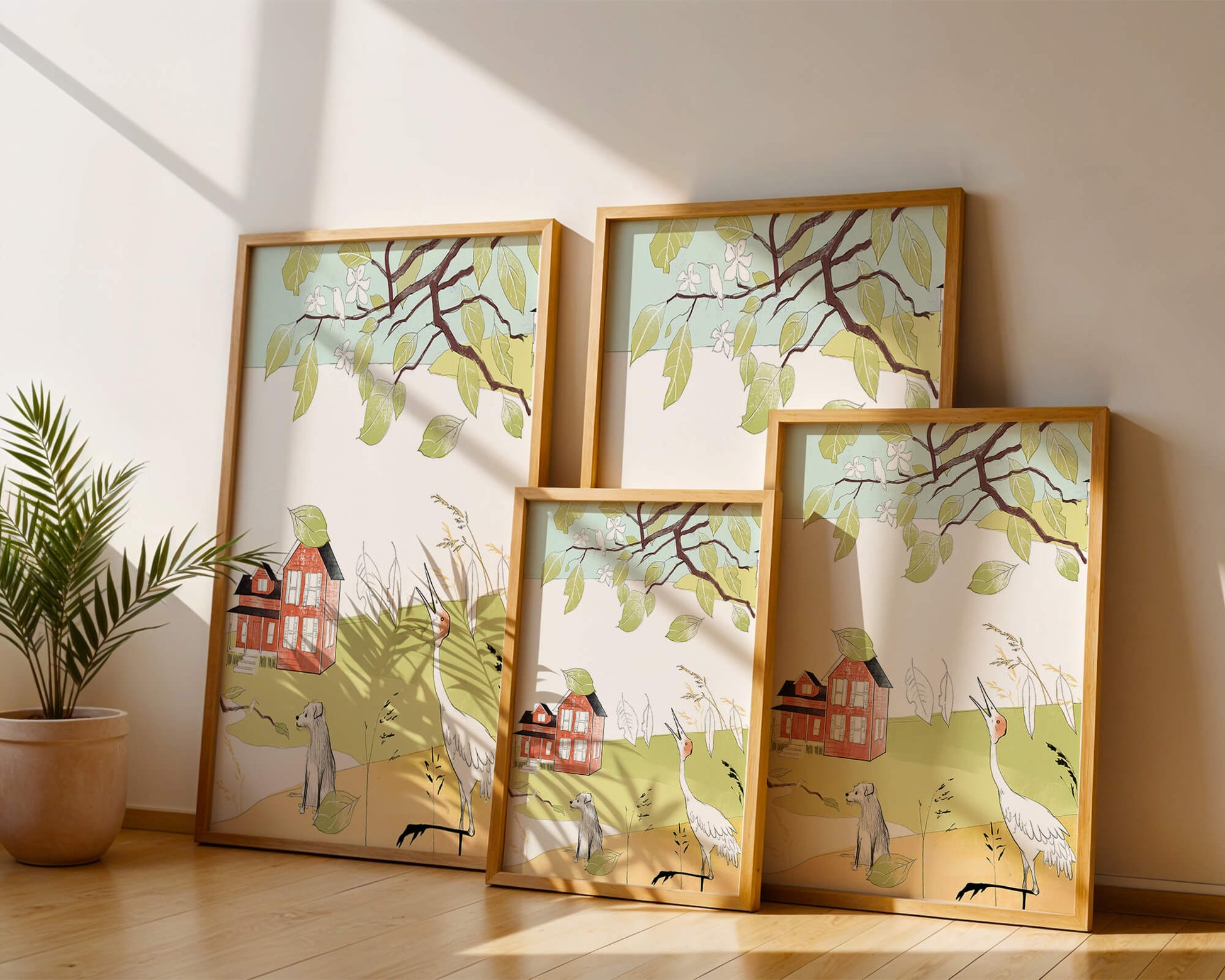 Tranquil rural landscape illustration with house, dog, and crane