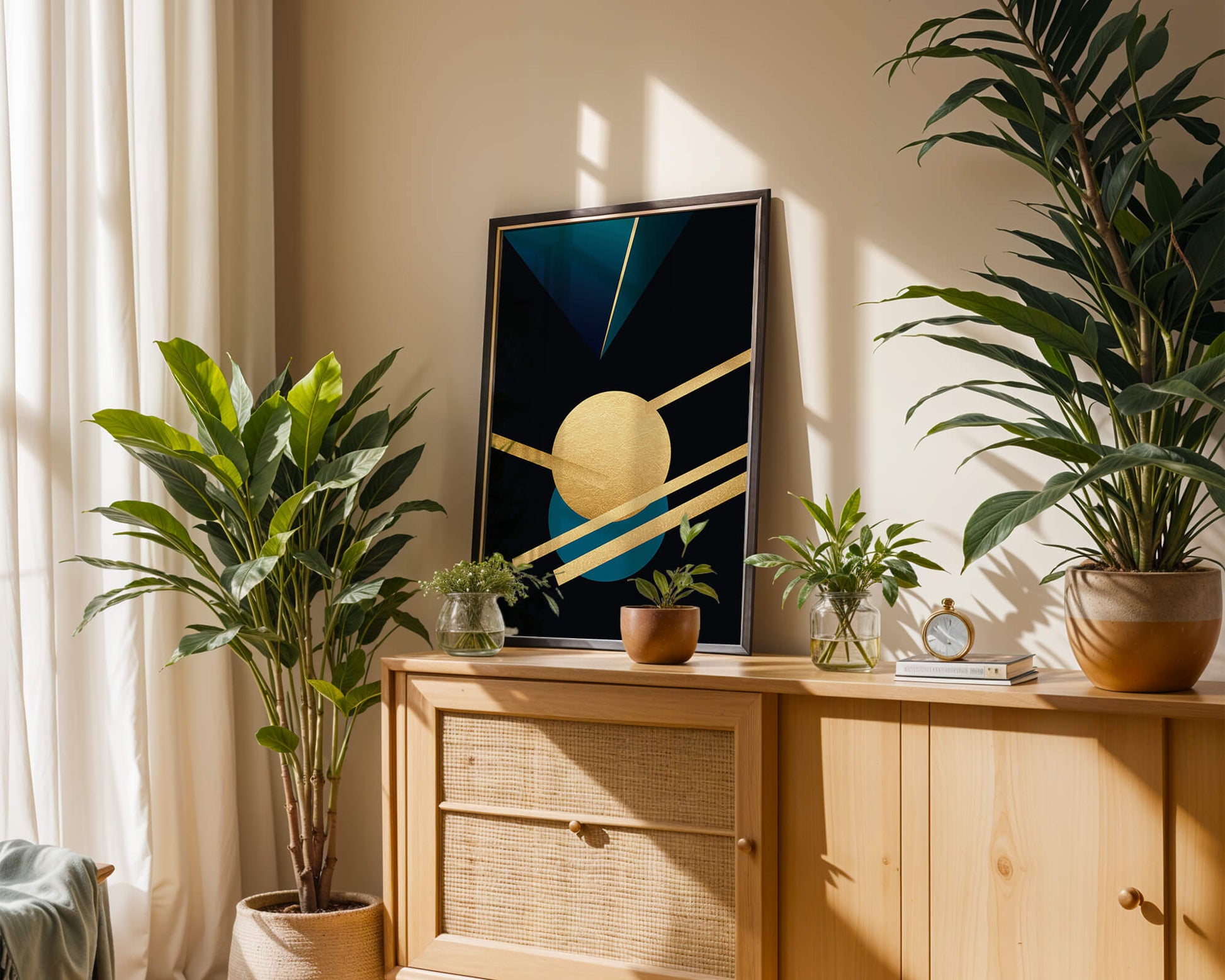 Abstract Geometric Composition with Gold and Blue Elements