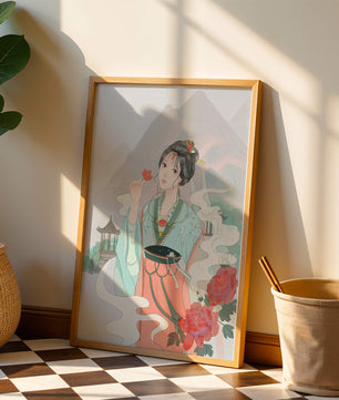 Elegant Asian woman with flowers and mountain background