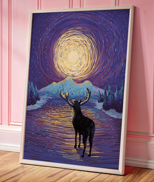 Moose Under Starry Night Sky with Radiant Moon