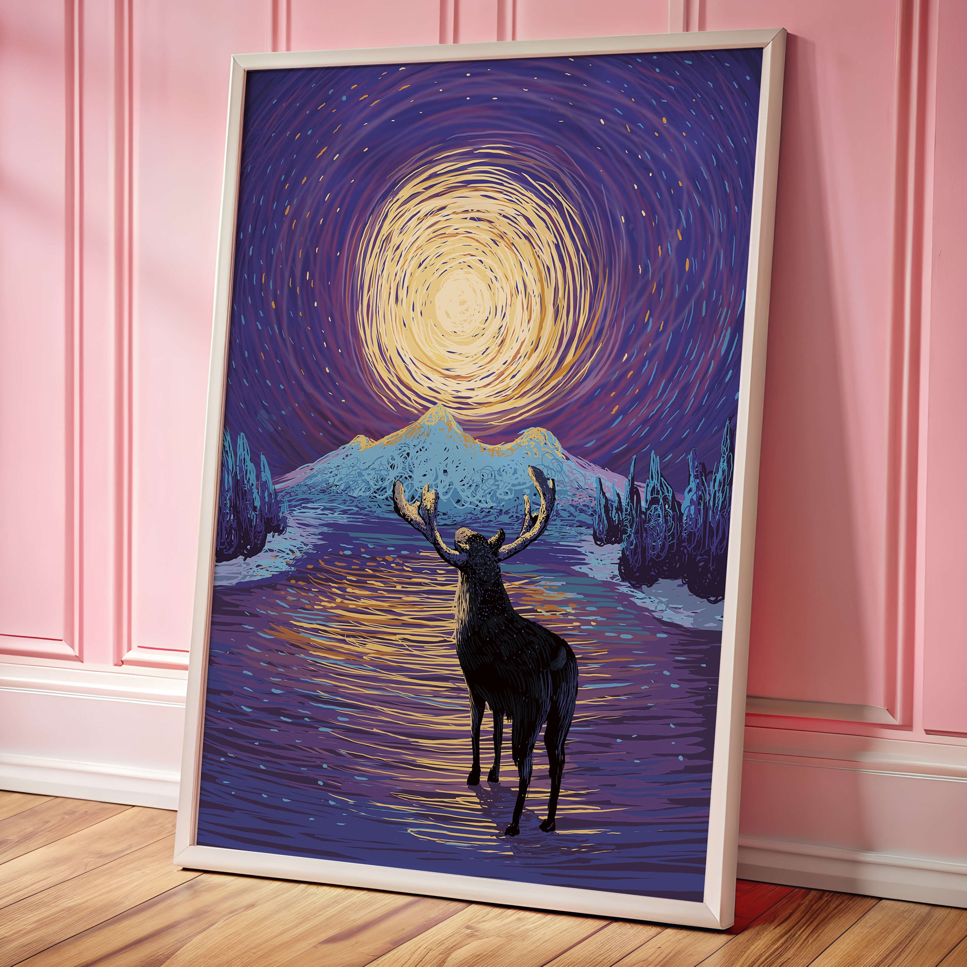 Moose Under Starry Night Sky with Radiant Moon
