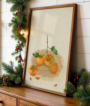 Still Life with Persimmons and Branch on a Neutral Background