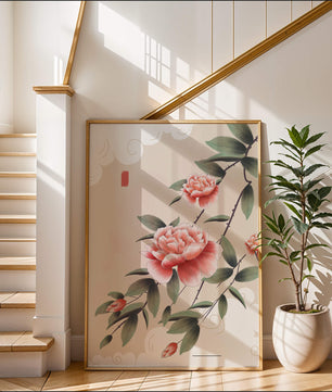 Oriental floral illustration with pink peonies and calligraphy